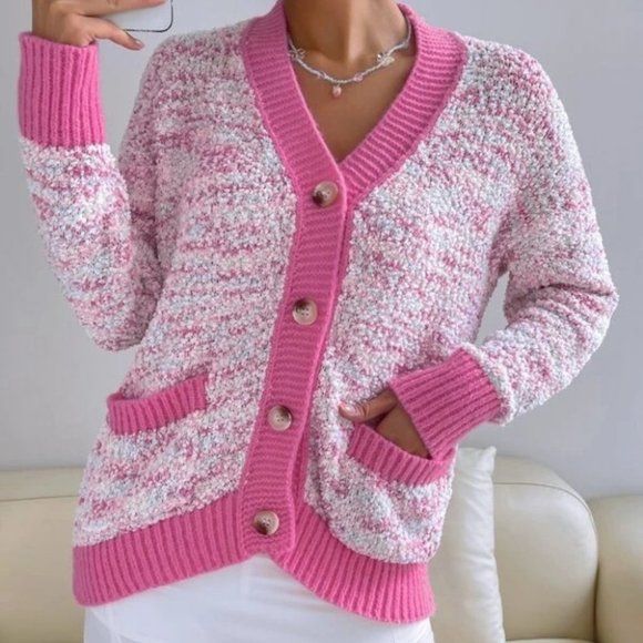 Pink Pocketed Popcorn Knit  Oversized Cardigan - Picture 2 of 7